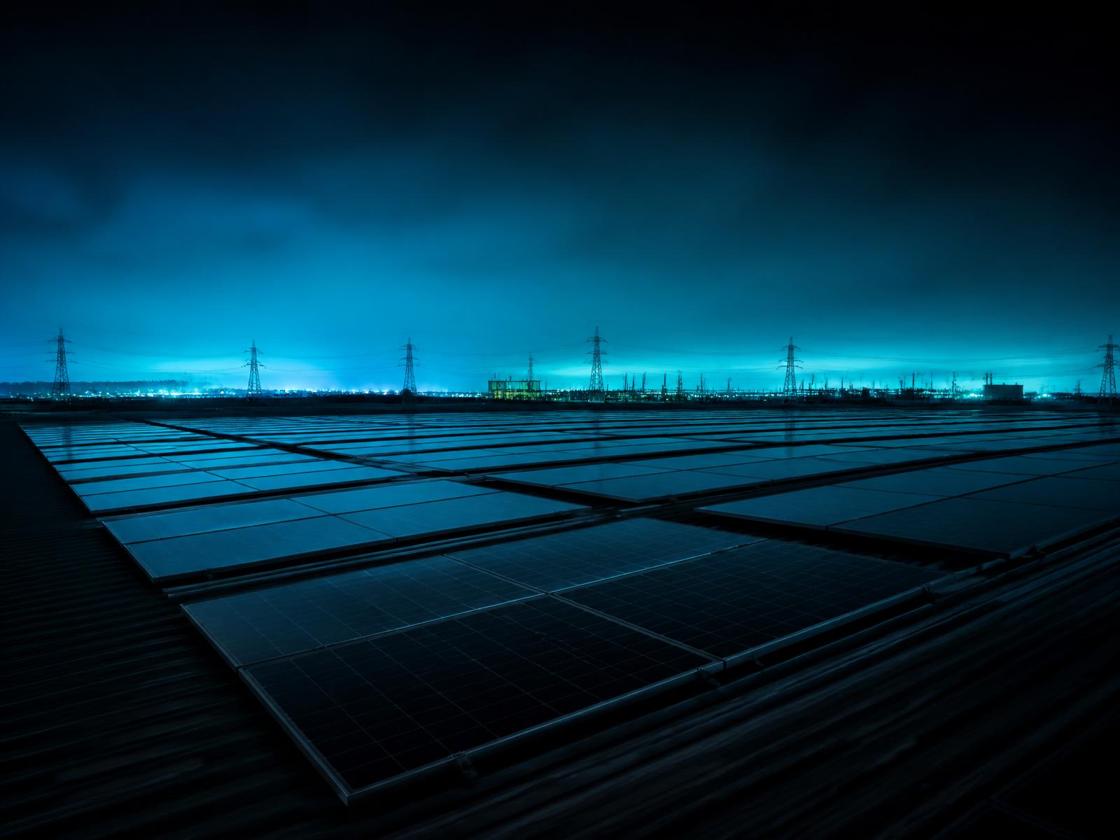 Commercial solar array with transmission infrastructure on the horizon at blue hour